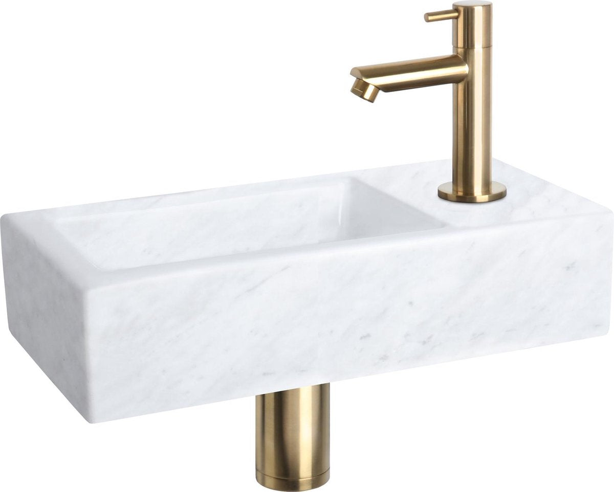 Differnz Helios-Brunnenset – 37,5 x 18,5 x 9,5 cm – rechteckig – 1 Hahnloch – gerader mattgoldener Hahn – Mineralstein-Marmor