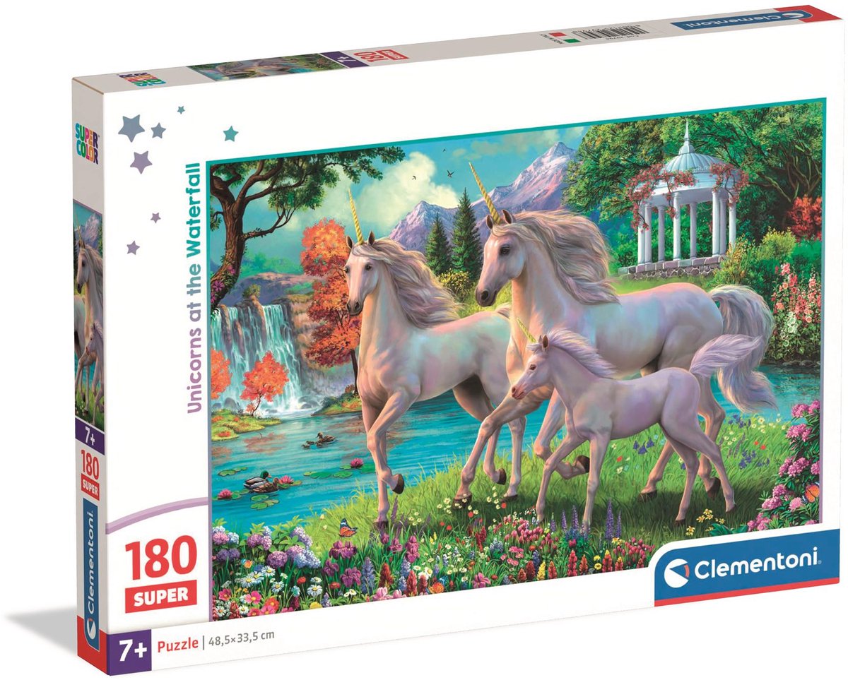 Clementoni – Puzzle – 180 Teile – Super-Einhörner am Wasserfall – Kinderpuzzle – ab 7 Jahren