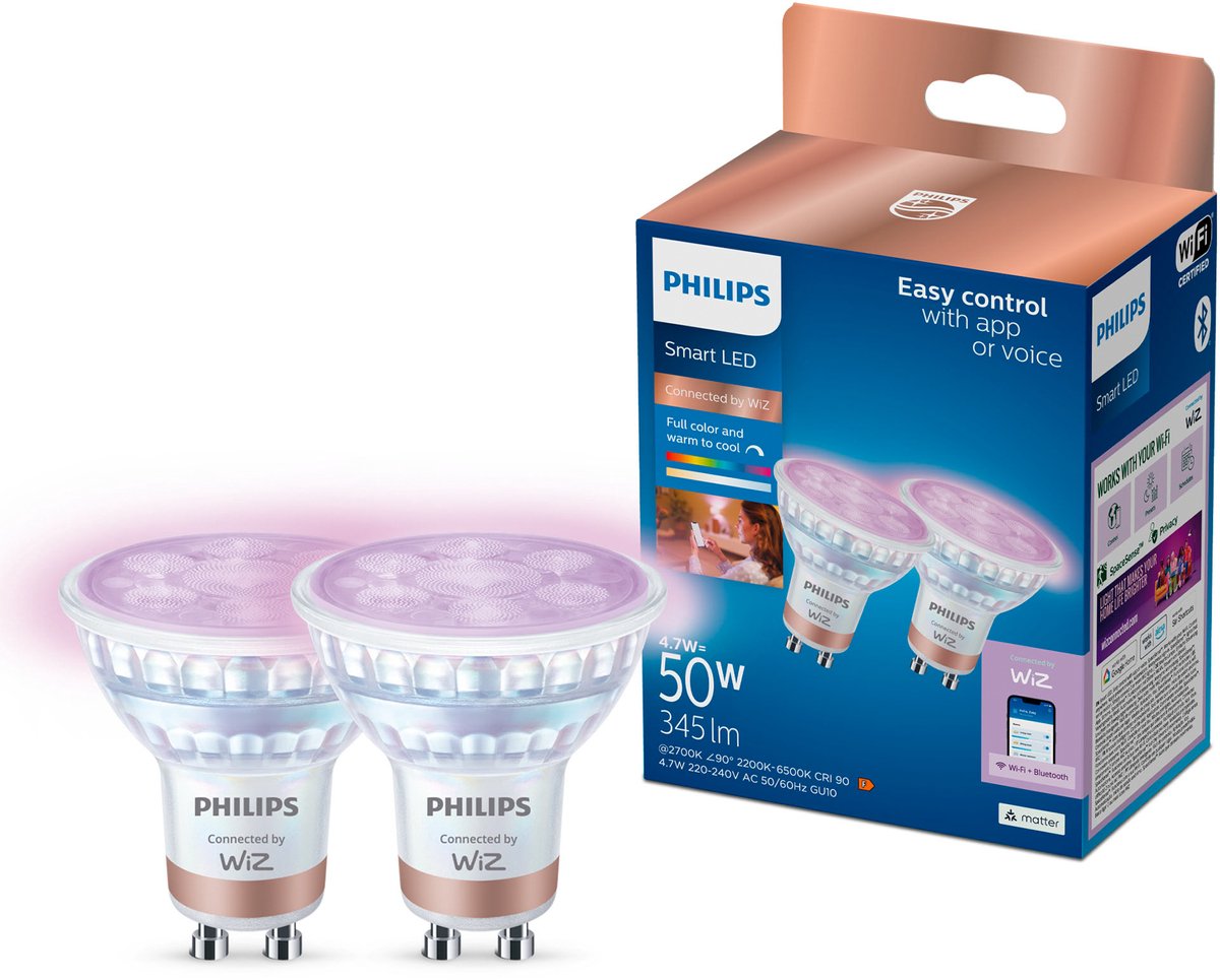 Philips Beleuchtung Philips Smart Lighting – Spot 2er-Pack – Intelligente LED-Beleuchtung – farbiges und weißes Licht – GU10 – 50 W – WLAN
