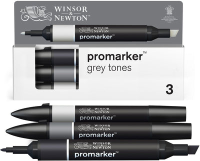 Winsor Newton 0290185 Promarker-Set 3-teilig – Grautöne – Alkoholmarker mit Doppelspitze