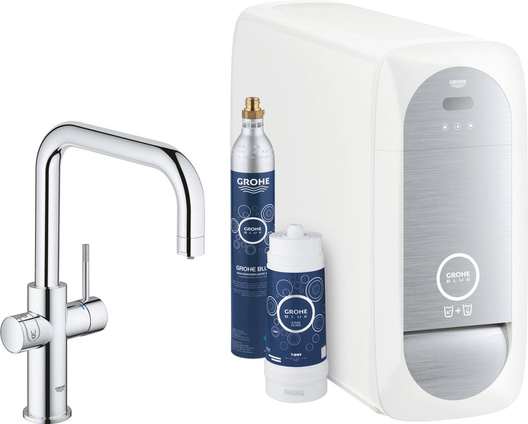 Grohe Blue Home Duo Küchenarmatur – mit Bluetooth und WLAN – Starter-Set – U-Auslauf – Chrom – für gereinigtes, gekühltes und sprudelndes Wasser