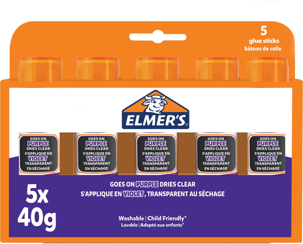 Elmer's Klebestifte mit verschwindendem lila Kleber | trocknet farblos | ideal zum Basteln und für die Schule | waschbar und kinderfreundlich | 40g | 5 Stück