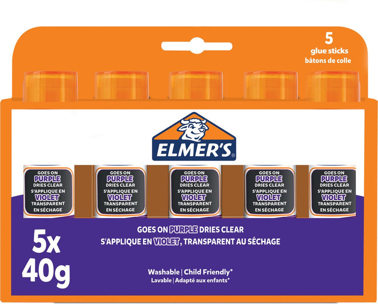 Elmer's Klebestifte mit verschwindendem lila Kleber | trocknet farblos | ideal zum Basteln und für die Schule | waschbar und kinderfreundlich | 40g | 5 Stück