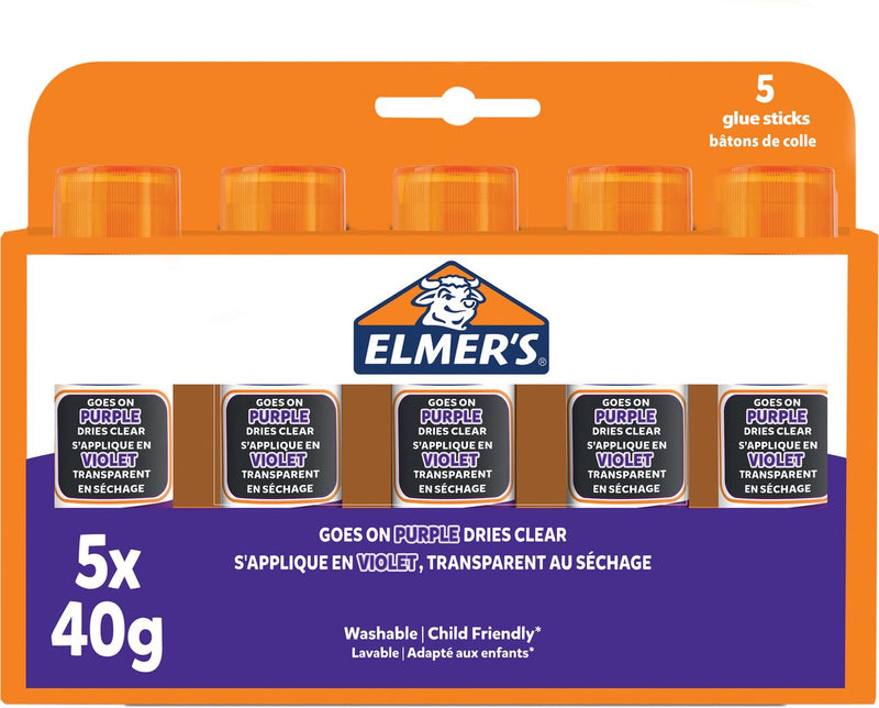 Elmer's Klebestifte mit verschwindendem lila Kleber | trocknet farblos | ideal zum Basteln und für die Schule | waschbar und kinderfreundlich | 40g | 5 Stück