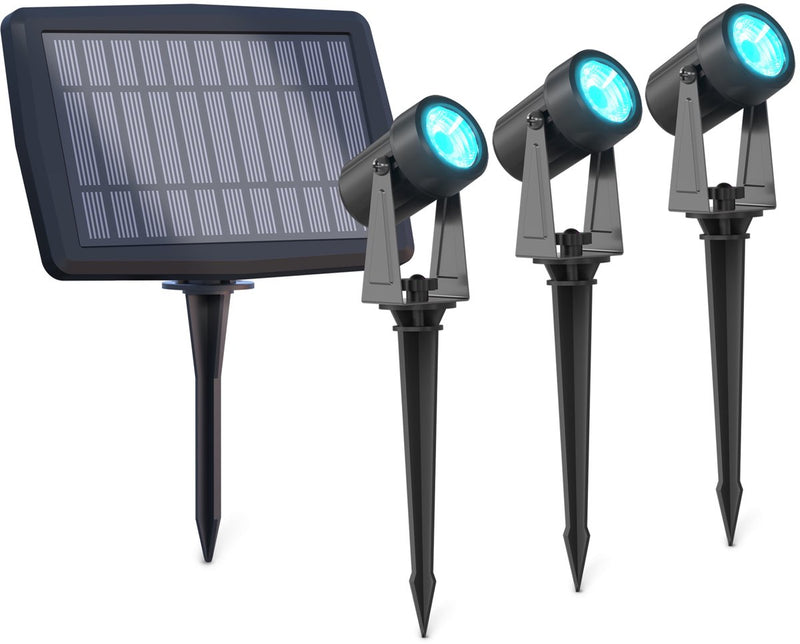 Calex Aosta Solar-Außenstrahler 3er-Pack – RGB + 2700–6500 K – 50 Lumen – IP44 – Solar – USB-C wiederaufladbar – 3 W Solarpanel – 2 × 1500 mAh austauschbare Batterien – Schwarz