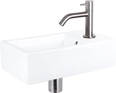 Differnz Force Brunnenset - Keramik - Wasserhahn gebogen matt verchromt - 40 x 22 x 11,5 cm