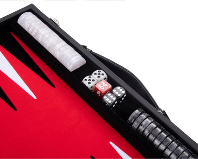 Engelhart Backgammon 18 Zoll – rot, schwarz und weiß eingelegtes Brett – luxuriöse Kunstledertasche mit Griff –
