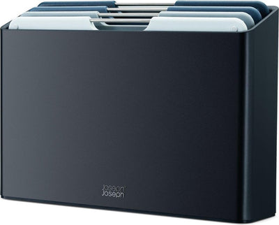 Joseph Joseph Folio™ Schneidebrettset 4-teilig – mittelgroß – hellblau – farbcodiert – mit Aufbewahrungsständer – Edelstahlgriffe