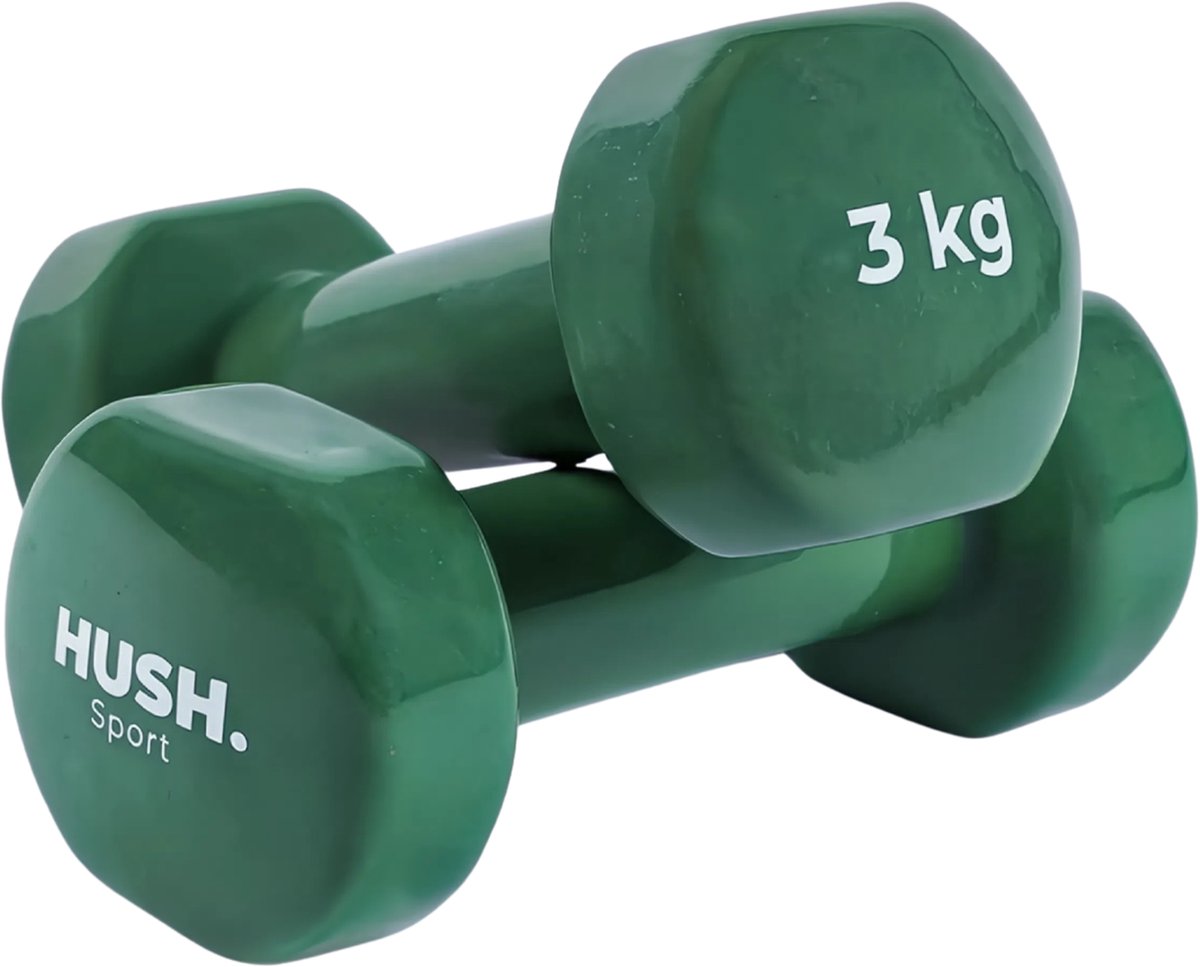 Hush Sport – Kurzhantel-Set 2 x 3 kg olivgrün – Vinyl-Beschichtung mit rutschfestem Griff – Gusseisen – handliches Sechskant-Design – geeignet für Krafttraining und Fitness
