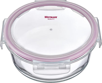 Westmark Lebensmittelbehälter aus Glas, rund, Füllvolumen: 650 ml, mikrowellen- und ofenfest, Glas-Silikon-Kunststoff, transparent rot