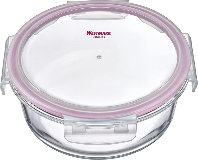 Westmark Lebensmittelbehälter aus Glas, rund, Füllvolumen: 650 ml, mikrowellen- und ofenfest, Glas-Silikon-Kunststoff, transparent rot