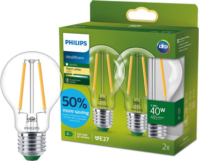 Philips LED Ultraeffiziente LED-Lampe von Philips – 40 W – E27-Fassung – warmweißes Licht: 2700 K – dimmbar – klares Glas – A60-Lampenform – lange Lebensdauer