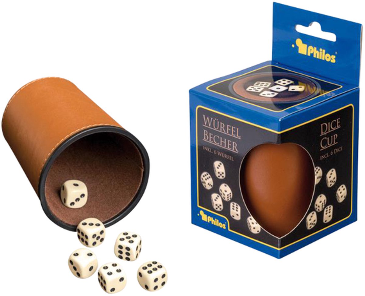 Philos Würfelbecher aus Kunstleder mit 6 Würfeln, braunes Spielzubehör.