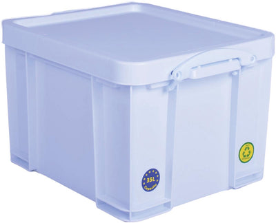 Wirklich nützliche Box-Aufbewahrungsbox 35 Liter | neonweiß mit weißen Griffen
