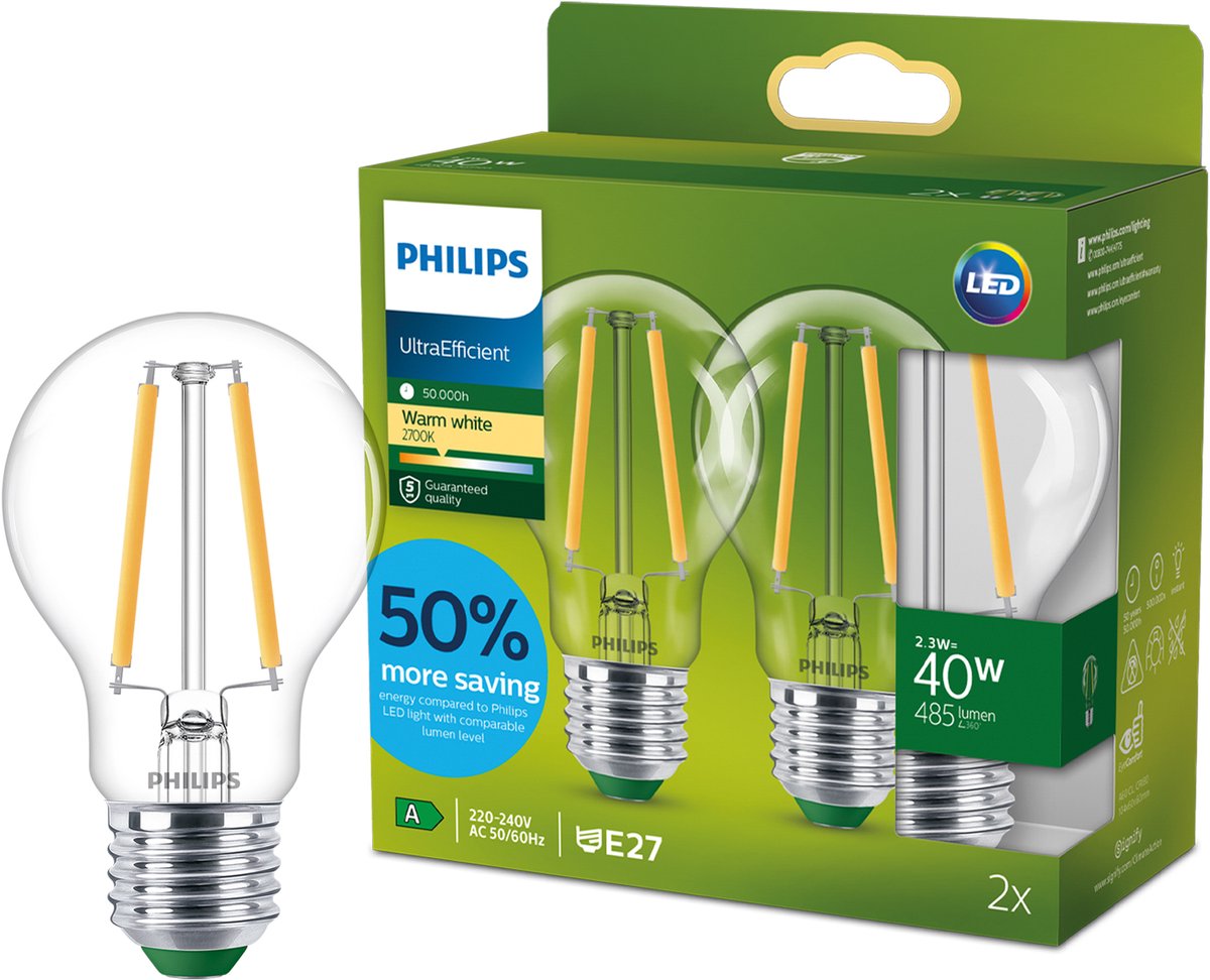 Philips LED Ultraeffiziente LED-Lampe von Philips – 40 W – E27-Fassung – warmweißes Licht: 2700 K – dimmbar – klares Glas – A60-Lampenform – lange Lebensdauer