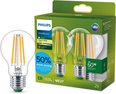 Philips LED-Lampe transparent – 60 W – E27 – warmweißes Licht – 2er-Pack – Energiekosten sparen