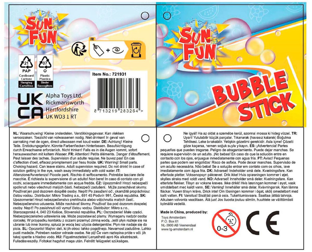 Sun Fun Bubble Blow Stick 120 ml 37 cm, 24st.