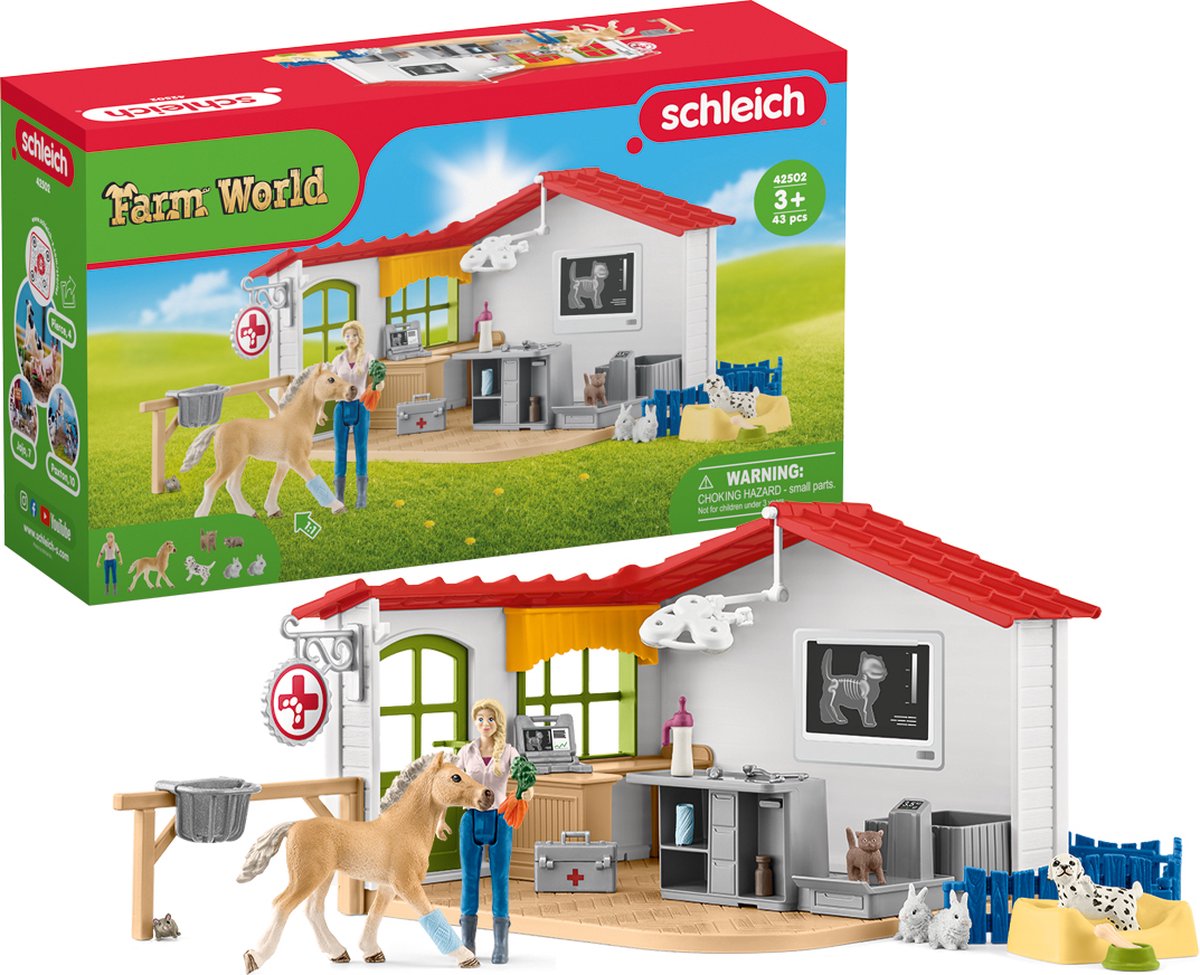 Schleich Farm World Spielfiguren-Set – Tierarztpraxis und Haustiere – Kinderspielzeug – ab 5 Jahren – 27 Teile – 42502