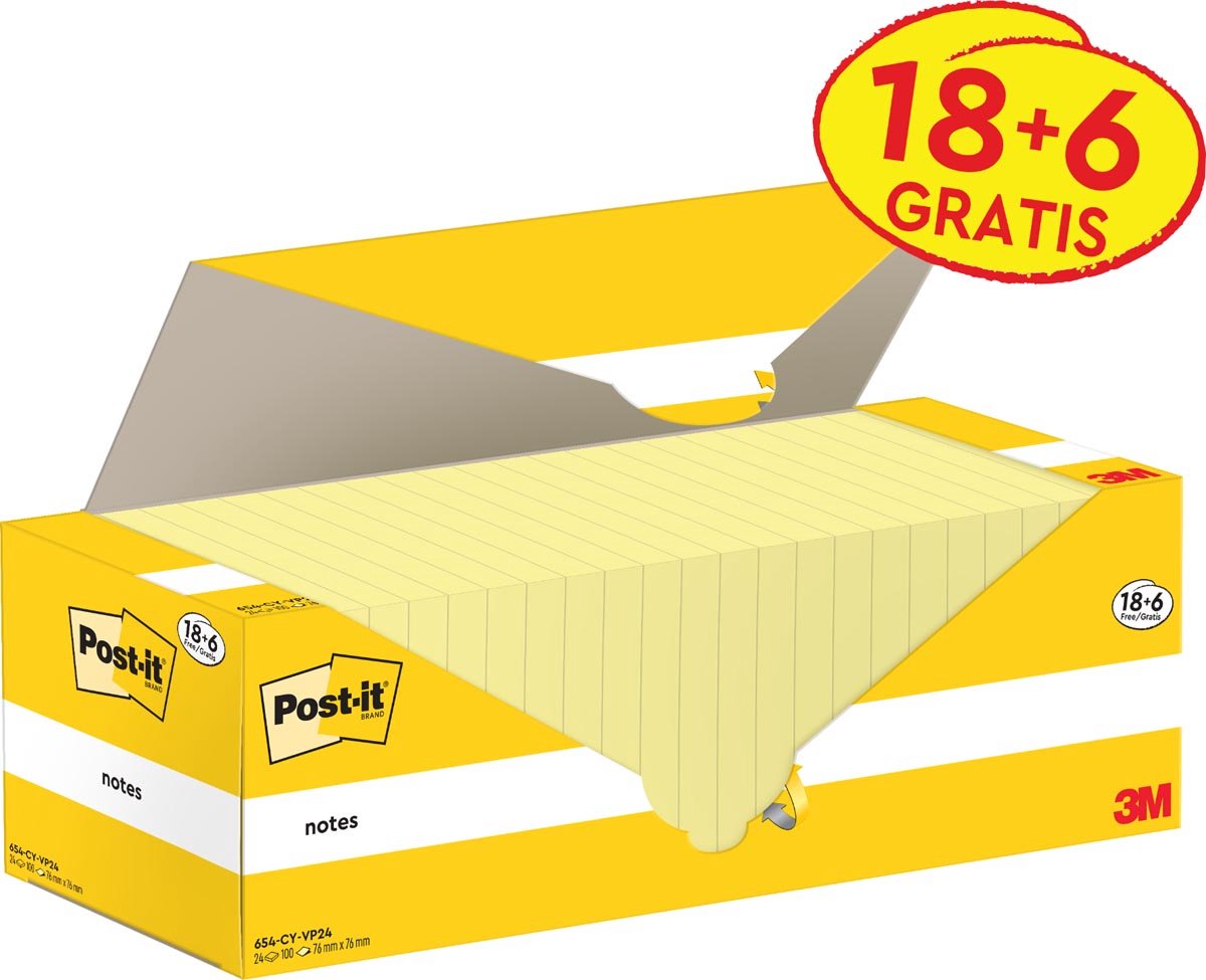 Post-it-Notizblock, 3 m, 654-cy, 76 x 76 mm, gelb, Vorteilspackung