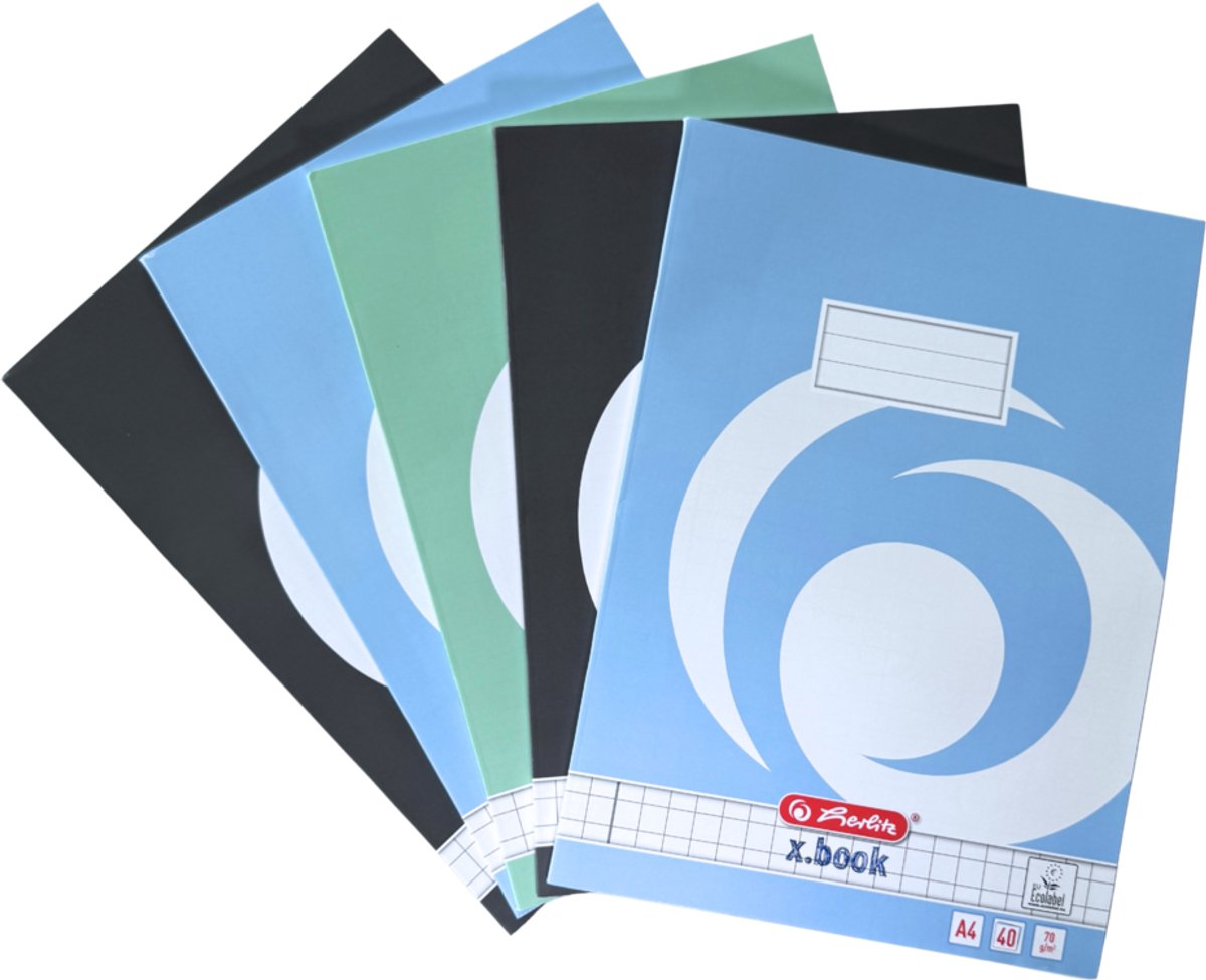 Herlitz Notizbücher – A4 – Raute 10 mm – 40 Blatt – sortiert – 5 Stück
