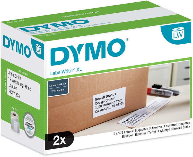 Dymo Original Labelwriter-Versandetiketten für hohe Kapazität | 59mm x 102mm | 2 Rollen leicht ablösbare Etiketten (1150 Versandetiketten) | Selbstklebende Etiketten für die Etikettendrucker Labelwriter 4XL und 5XL