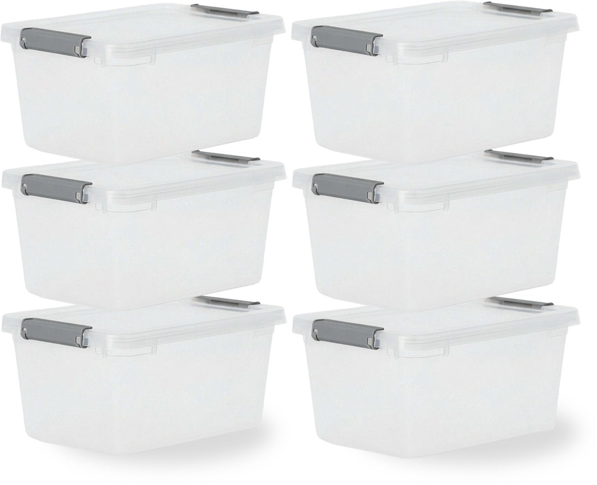 Iris storage Aufbewahrungsbox mit Clips – 4,5 l – kompakt – stapelbar – Kunststoff – transparent grau – 6er-Set