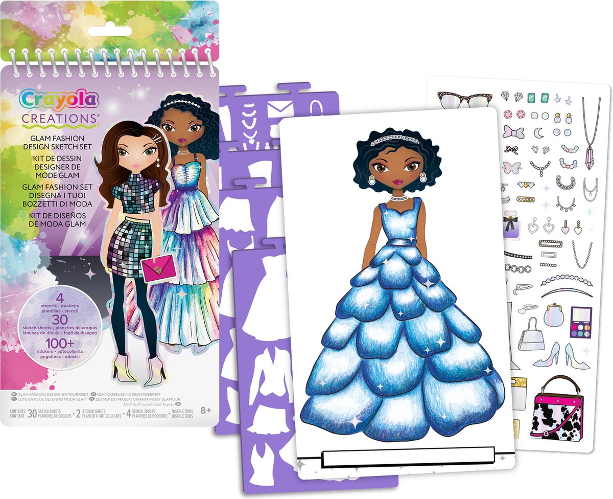 Crayola – Kreationen – Malbuch – Glam-Fashion-Set – Zeichenset mit Schablonen und Aufklebern für Kinder