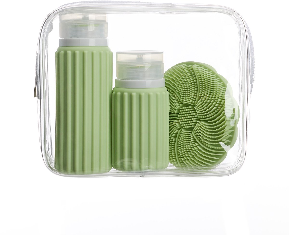 Muitomas Reisetasche + Gesichtsbürste + 2 Flaschen – kompakt – wasserdichte transparente Tasche – Silikon-Reiseflaschen – grün