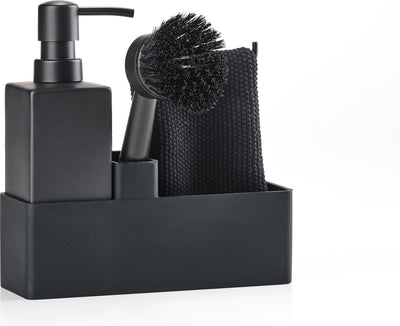 Zone Denmark Geschirrspülset 19 x 6 x 20,5 cm mit Spültuch, Seifenspender aus Keramik, Spülbürste und Küchenorganizer – 4-teilig schwarz – Geschirrspülset