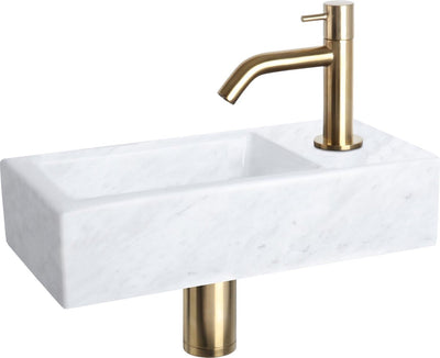 Differnz Helios-Brunnenset – 37,5 x 18,5 x 9,5 cm – rechteckig – 1 Hahnloch – gebogener mattgoldener Wasserhahn – Mineralsteinmarmor