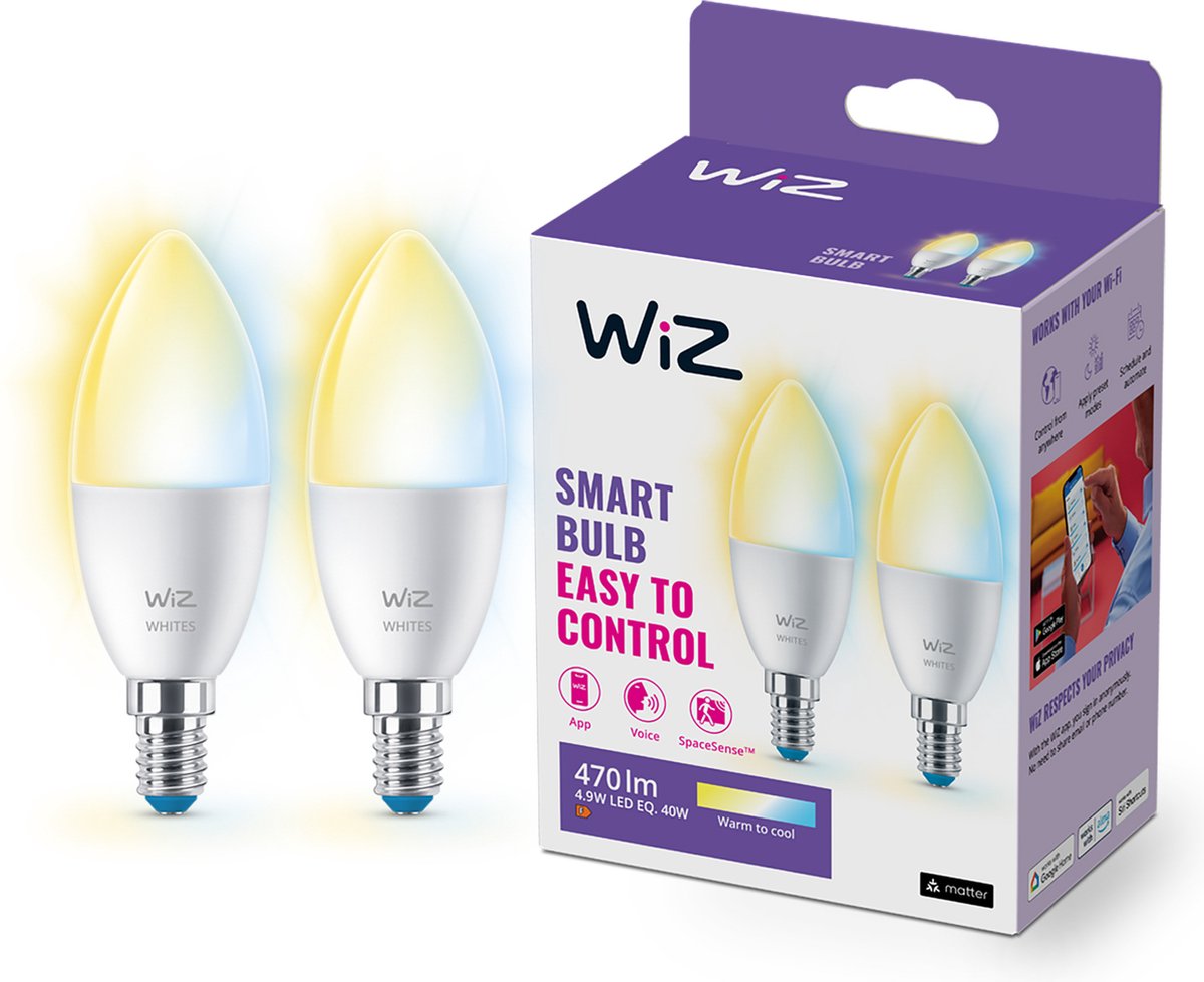 Wiz-Kerzenlampen im 2er-Pack – warmes bis kühles weißes Licht – intelligente LED-Beleuchtung – E14-Fassung – 40 W – matt – WLAN