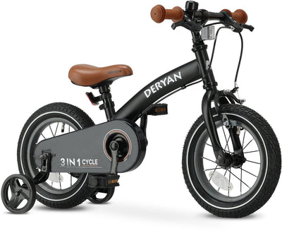 Deryan Luxus Kinderfahrrad 12 Zoll – 3 in 1 – Laufrad – Schwarz