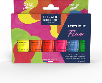 Lefranc Bourgeois 302129 feines Acrylset Fluo – 6 x 20 ml – fluoreszierende Acrylfarbe – Neonfarben-Set (fluoreszierendes Gelb, fluoreszierendes Orange, fluoreszierendes Rot, fluoreszierendes Rosa, fluoreszierendes Blau, fluoreszierendes Grün)