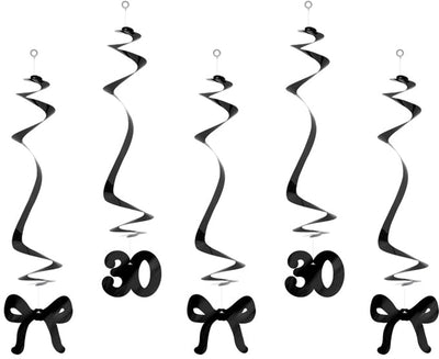Partydeco 5 Geburtstagswirbel zum 30. Geburtstag mit schwarzer Schleife