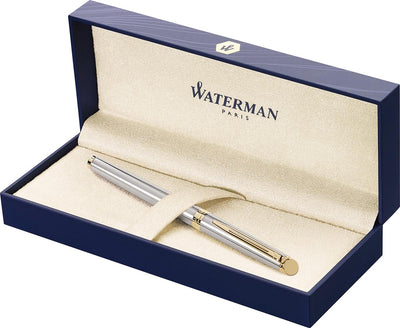 Waterman Hemisphere Tintenroller | Edelstahl mit 23 Karat Goldrand | feiner Punkt | schwarze Tinte | Geschenkverpackung