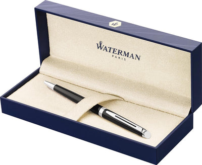 Waterman Hemisphère-Kugelschreiber | glänzendes Schwarz mit Chromrand | mittlerer Punkt | blaue Tinte | Geschenkverpackung
