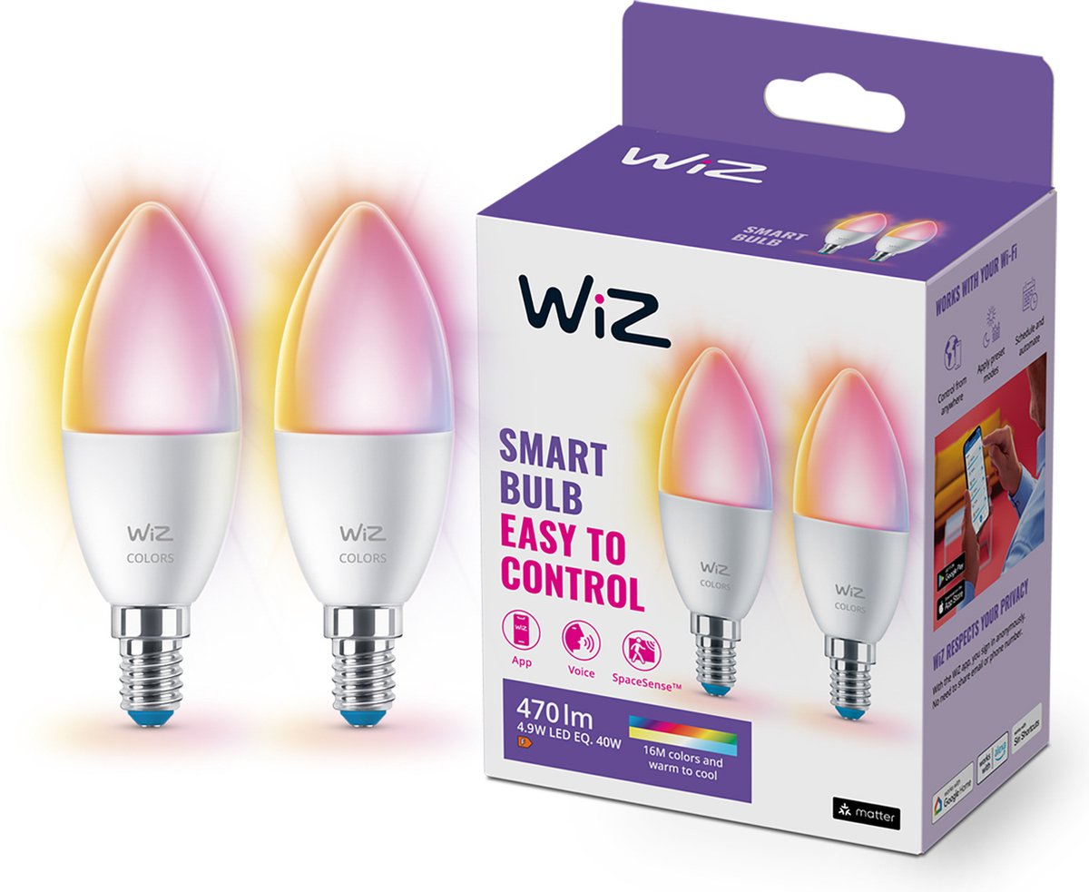 Wiz-Kerzenlampen im 2er-Pack – farbiges und weißes Licht – intelligente LED-Beleuchtung – E14-Fassung – 40 W – matt – WLAN