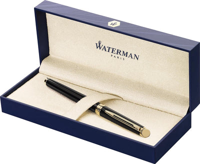Waterman Hemisphère-Füllfederhalter | glänzendes Schwarz mit 23-karätigem Goldrand | mittlere Feder | blaue Tinte | Geschenkverpackung