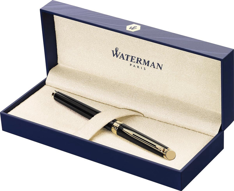 Waterman Hemisphère-Füllfederhalter | glänzendes Schwarz mit 23-karätigem Goldrand | mittlere Feder | blaue Tinte | Geschenkverpackung