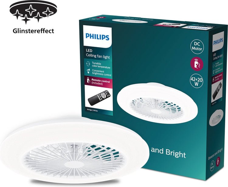 Philips LED Philips Amigo Ventilator – energieeffiziente LED-Beleuchtung – Deckenlampe – einstellbare Farbtemperatur – 48,5 cm Durchmesser – Fernbedienung – Weiß mit Glitzereffekt