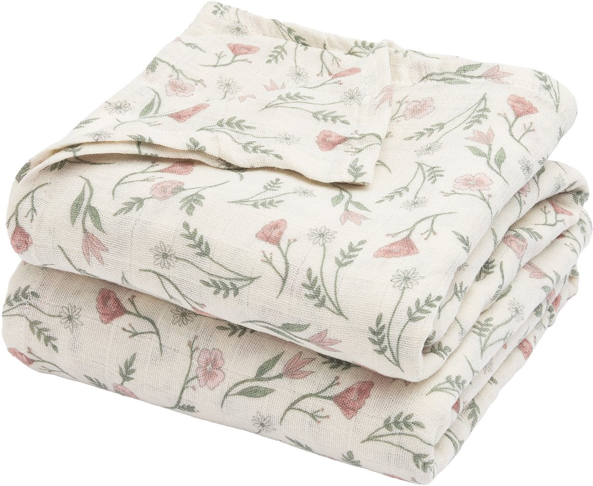 Meyco Baby-Blumen-Wickeltuch – 2er-Pack – vorgewaschen, hydrophil – mehrfarbig – 120 x 120 cm