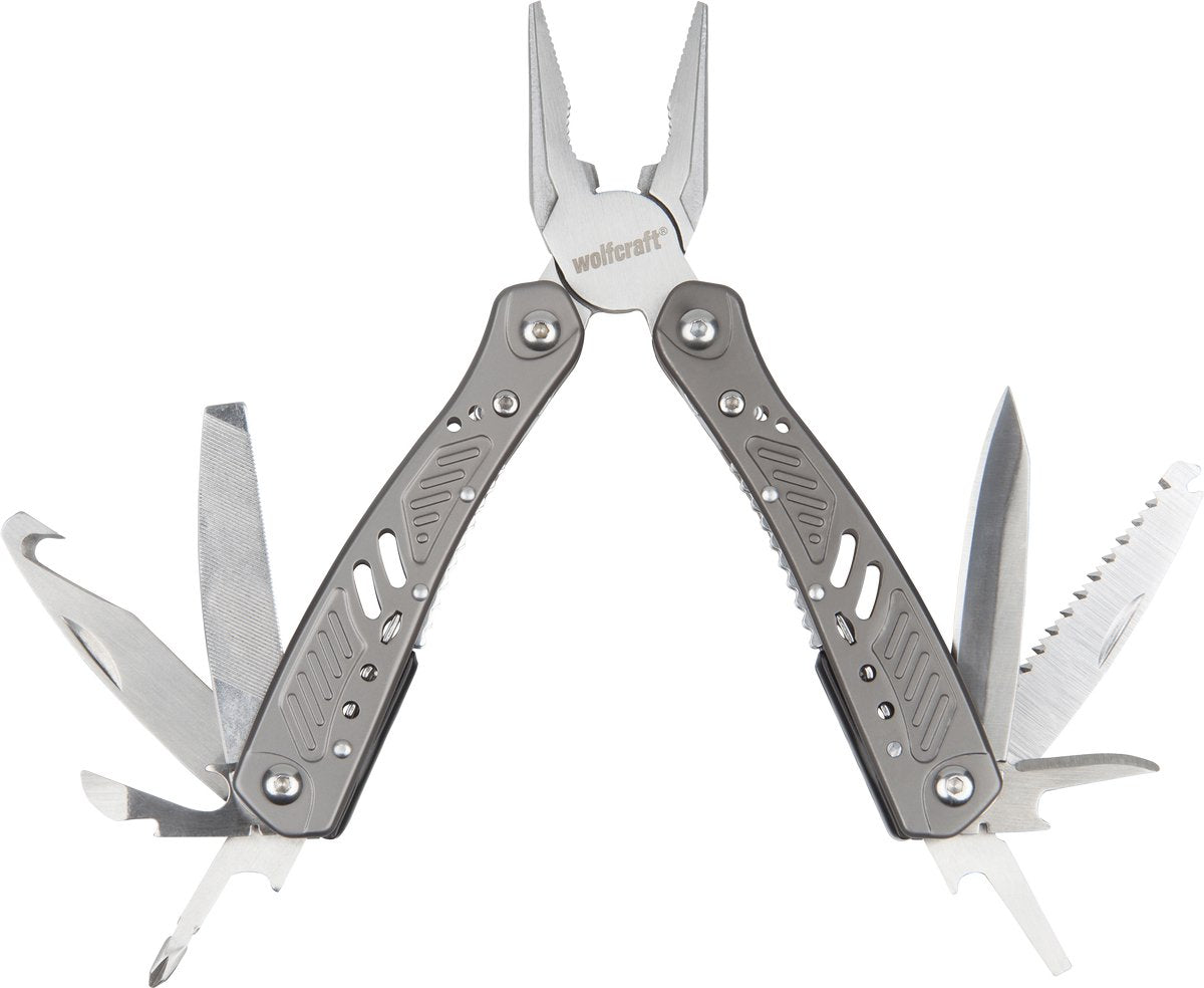 Wolfcraft - Multitool-Taschenmesser mit Holster - 13 in 1 Multifunktion - Survival - Silber - 4080000