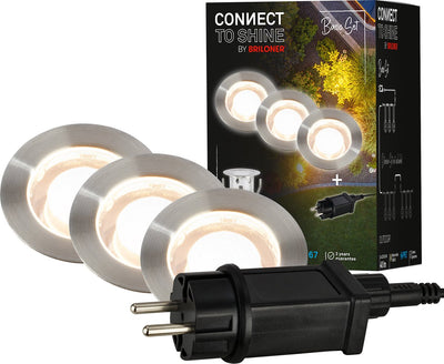 Briloner connect to Shine – LED-Bodenstrahler für den Außenbereich – 3er-Set – Gartenbeleuchtung Starter-Set – warmweißes Licht – IP67 – ø3x2,6 cm