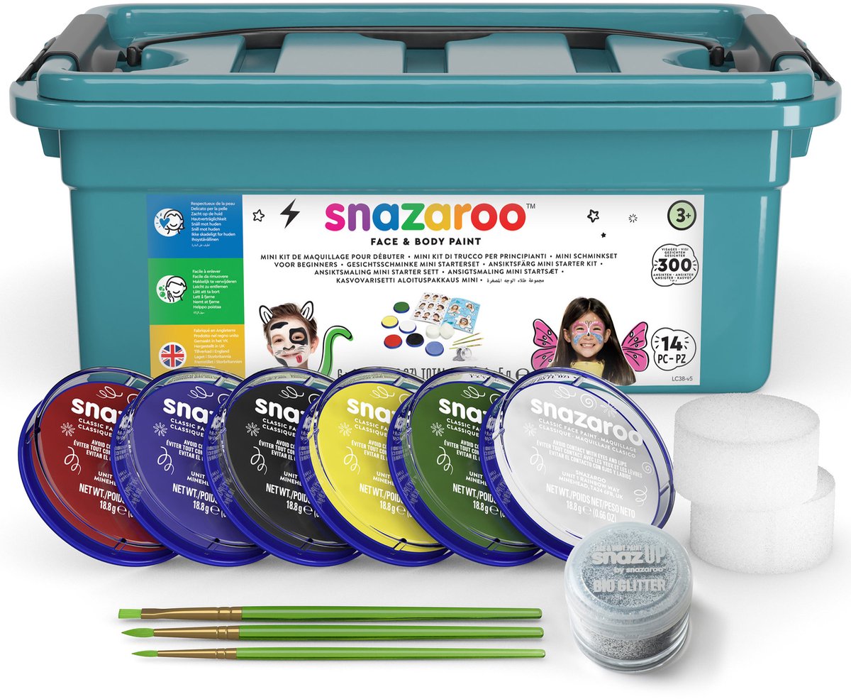 Snazaroo 1172018 Mini-Starterset Aqua-Gesichtsbemalung – Gesichtsbemalung für Kinder und Erwachsene – hypoallergen – Halloween-Fasching – 14-teilig