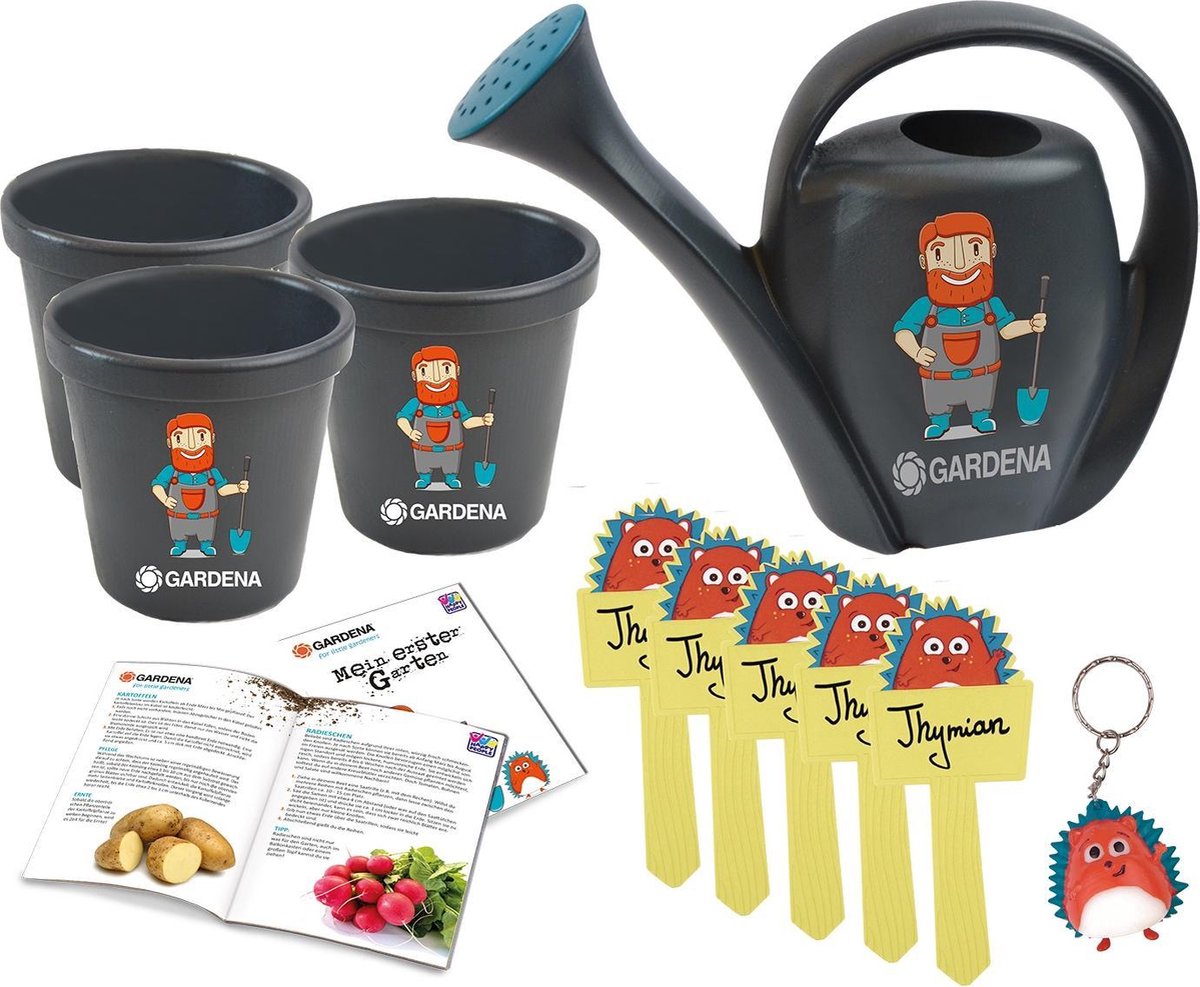 Happy People Gardena Gartengeräte-Set Kinder – Gartenspielzeug für Kinder – Kinder-Gartengeräte mit Gießkanne, Blumentöpfen und Pflanzenetiketten – Outdoor-Spielzeug, Gartenspielzeug-Set