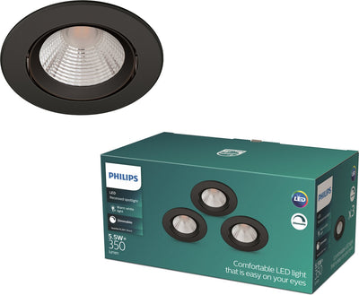 Philips LED Philips Sparkle Einbaustrahler – dimmbar mit Dimmschalter – 5,5 W – warmweißes Licht – Schwarz – Multipack 3 Stück