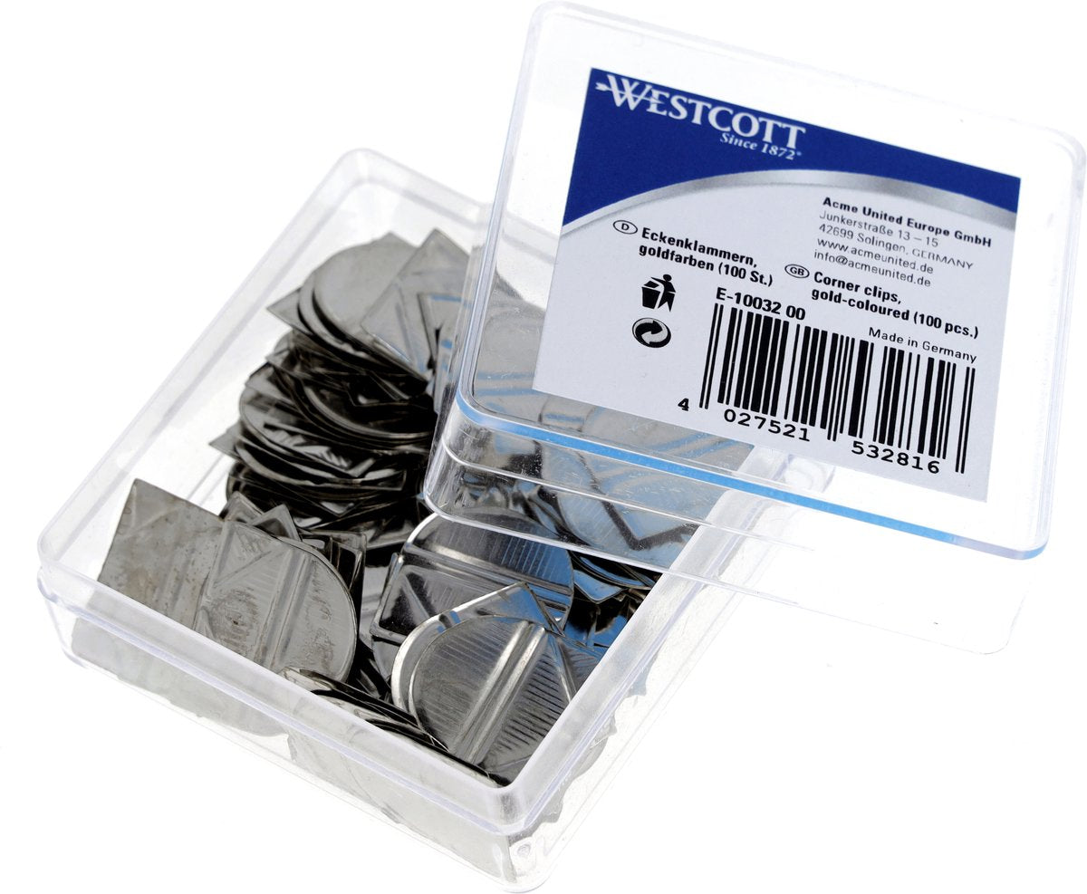 Westcott Eckklammern – Aluminium silber – Kunststoffbox 100 Stück – ac-e10031
