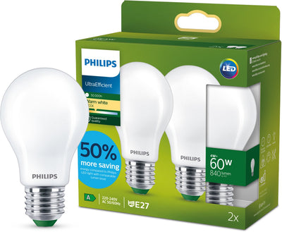 Philips LED Philips ultraeffiziente LED-Lampe matt – 60 W – E27 – warmweißes Licht – 2er-Pack – Energiekosten sparen