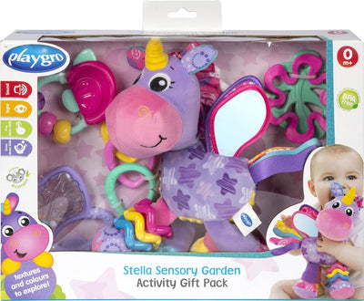 Playgro Geschenkset Stella Einhorn – Mutterschaftsgeschenk – Geschenkset – Hängespielzeug – 3 Beißbürsten – 3 verbundene Ringe