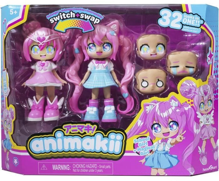 Bandai – Animakii-Zauberer und Schulmädchen – anpassbares Puppenset – 1 Puppe, 4 Gesichter, 2 Frisuren, 2 Outfits, 2 Paar Schuhe – kreatives Spielzeug ab 5 Jahren – hea26352